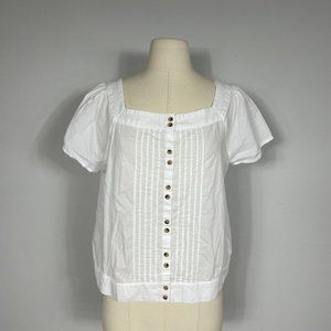 Prana White Short Sleeve Pintuck  Donny Weave Araceli Peasant Top Women’s L